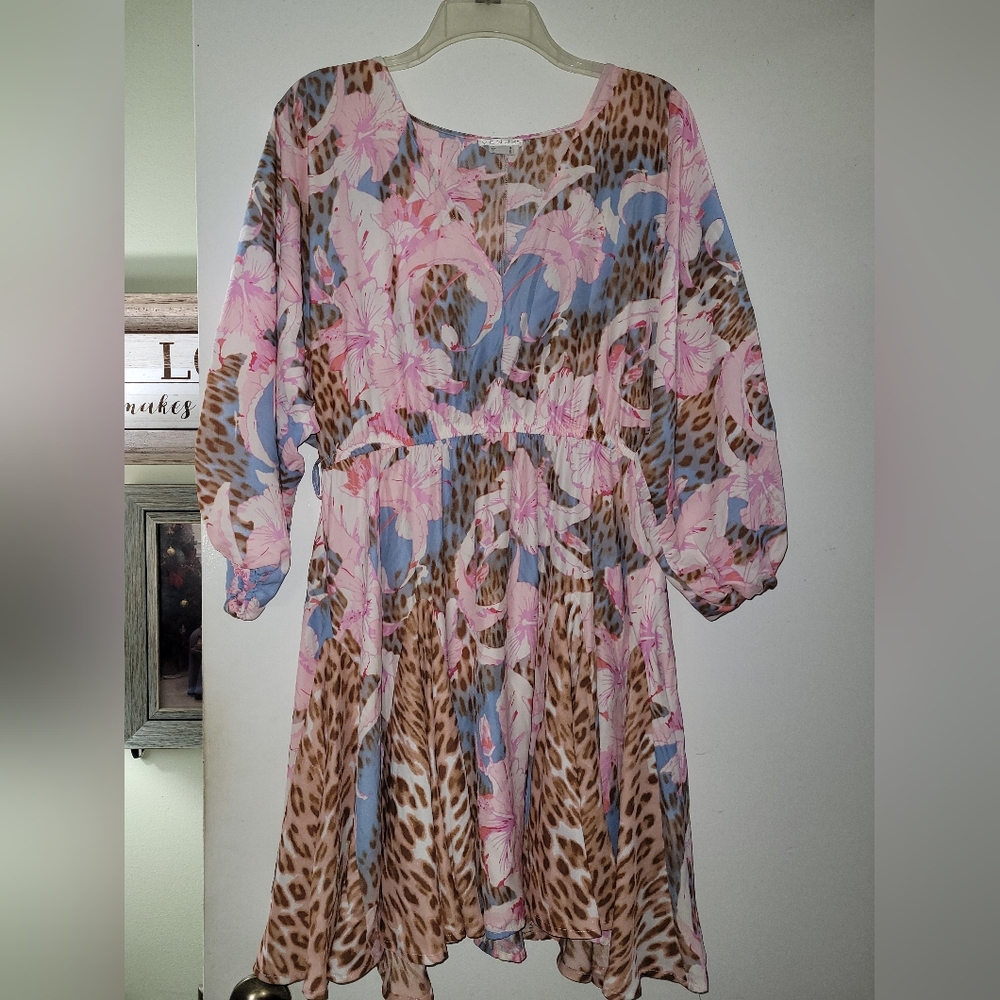 VENUS Pink Blue Brown Animal Print Midi Dress